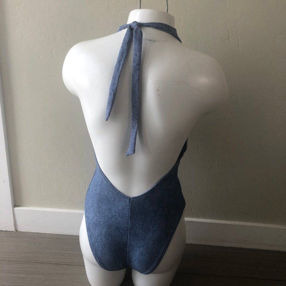 NEW Aerie One Piece Swimming Suit Halter DenimLook - Picture 2 of 5